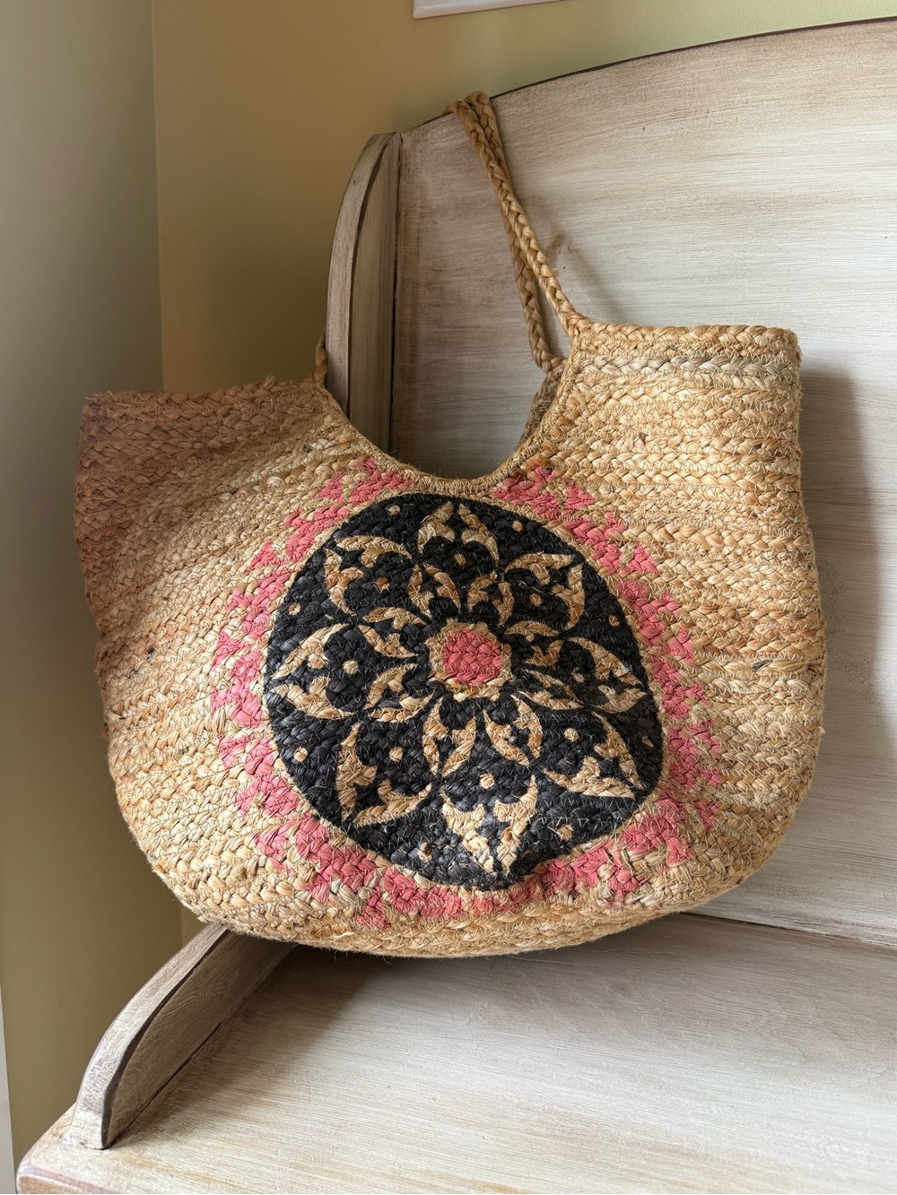 Antik Kraft Anthropologie Medallion Jute Straw Beach Bag Tote